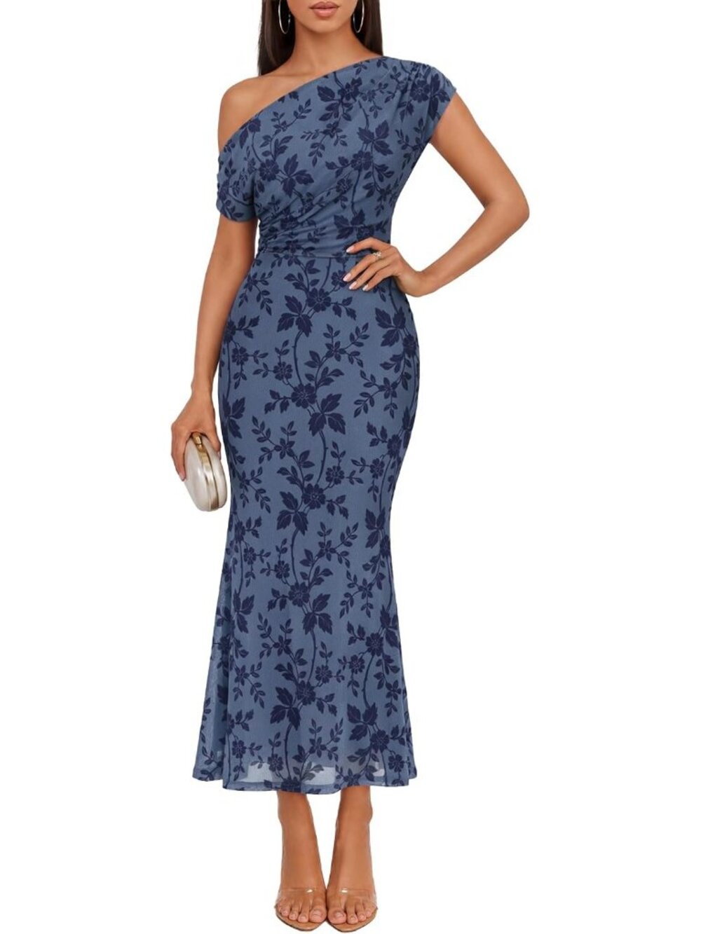 Women's Dusty Blue Off Shoulder Floral Formal Cocktail Bodycon Long Party Dress